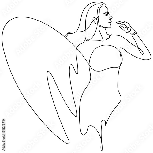 woman surfer and surfboard pose action summer sport concept line art illustratiion. Continuous line drawing and contour art vector.