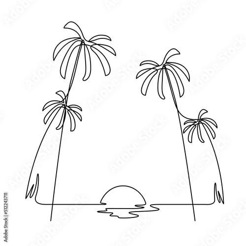 One line drawing of sea beach front sunset view illustration. Continuous and contour line art vector.