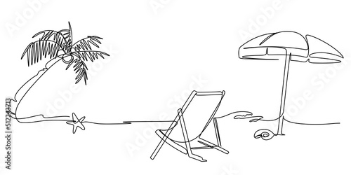 Summer sea beach scene view one line drawing illustration. Continuous line art hand drawn vector styles.