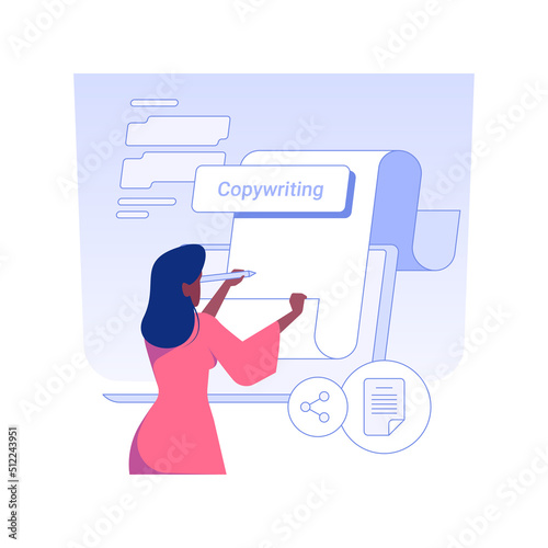 Copywriting isolated concept vector illustration. Young woman deals with magazine article writing using laptop, copyediting remote job, digital journalism, self-employed people vector concept.