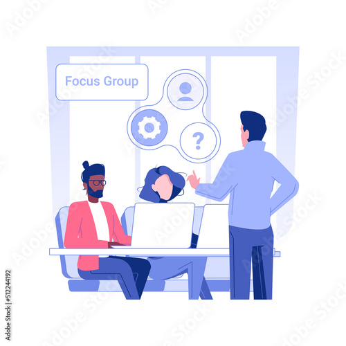 Focus group isolated concept vector illustration. Group of diverse people discussing new product before launch, market research, collect customer feedback, share opinion vector concept.