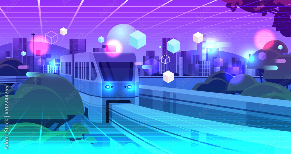 neon town with skyscrapers and monorail train on bridge view through VR glasses metaverse virtual reality technology