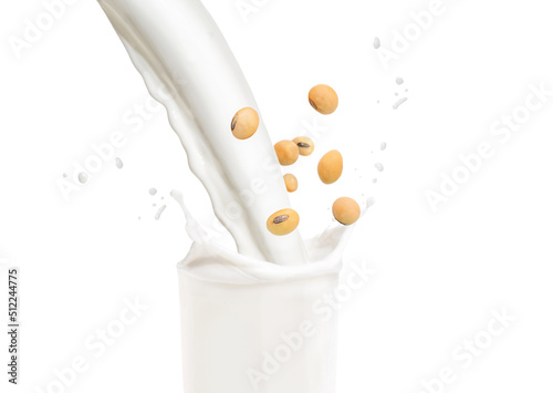 Soy beans and milk fill glass close-up isolated