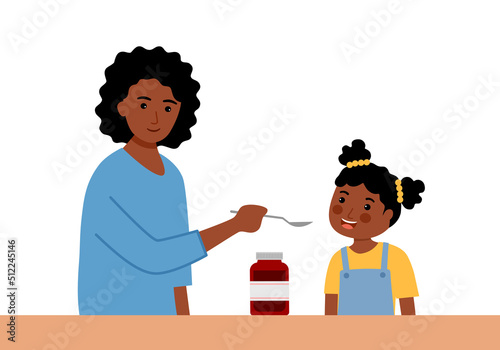 African mother is feeding syrup medicine to her daughter in flat design. Sick girl take medicine syrup for disease treatment.