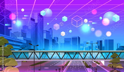 neon city town skyline skyscraper buildings view through VR glasses metaverse virtual reality technology