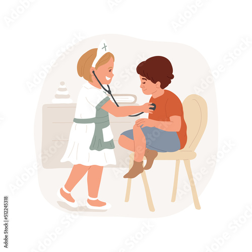 Role-playing games isolated cartoon vector illustration. Pretend game, peers play social role game, act out situation, emotional development of disabled children, autism daycare vector cartoon.