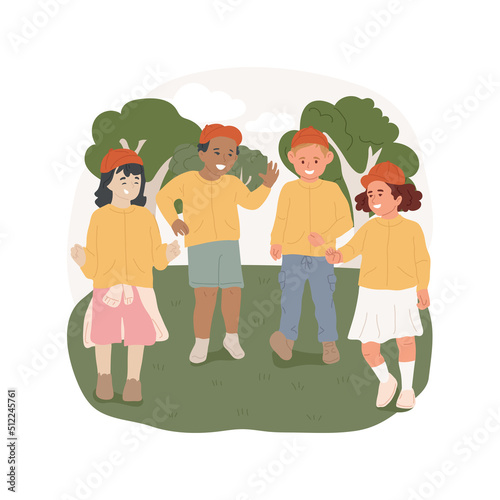 Wearing matching colors isolated cartoon vector illustration. Group of children wearing bright jackets, dressed in the same caps, field trip security measure, kids walk outdoors vector cartoon.