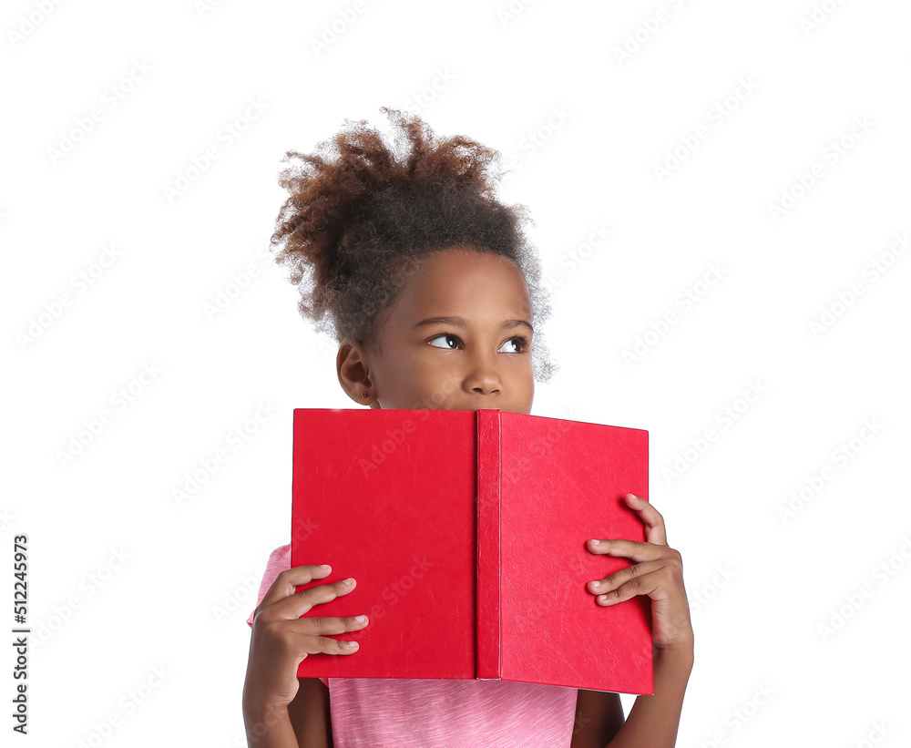Little African-American girl with book on white background Little African-American girl with book on white background