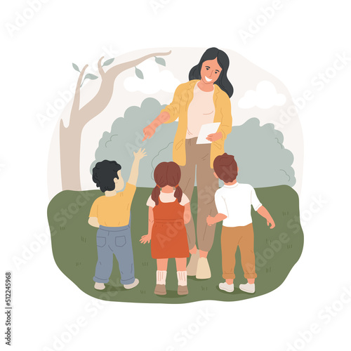 Recounting isolated cartoon vector illustration. Adult person recounting pointing at children, early education, preschool field trip security, safety measure, excursion vector cartoon.