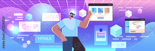 web developer in digital glasses creating program code development of software vr vision headset innovation metaverse