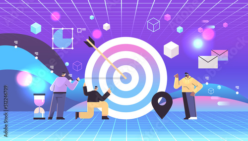 businesspeople in vr glasses arching in profit target achievement goal vr vision headset innovation metaverse