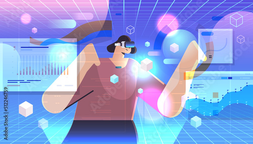 businesswoman in digital glasses analyzing financial data on charts and graphs vr vision headset innovation metaverse