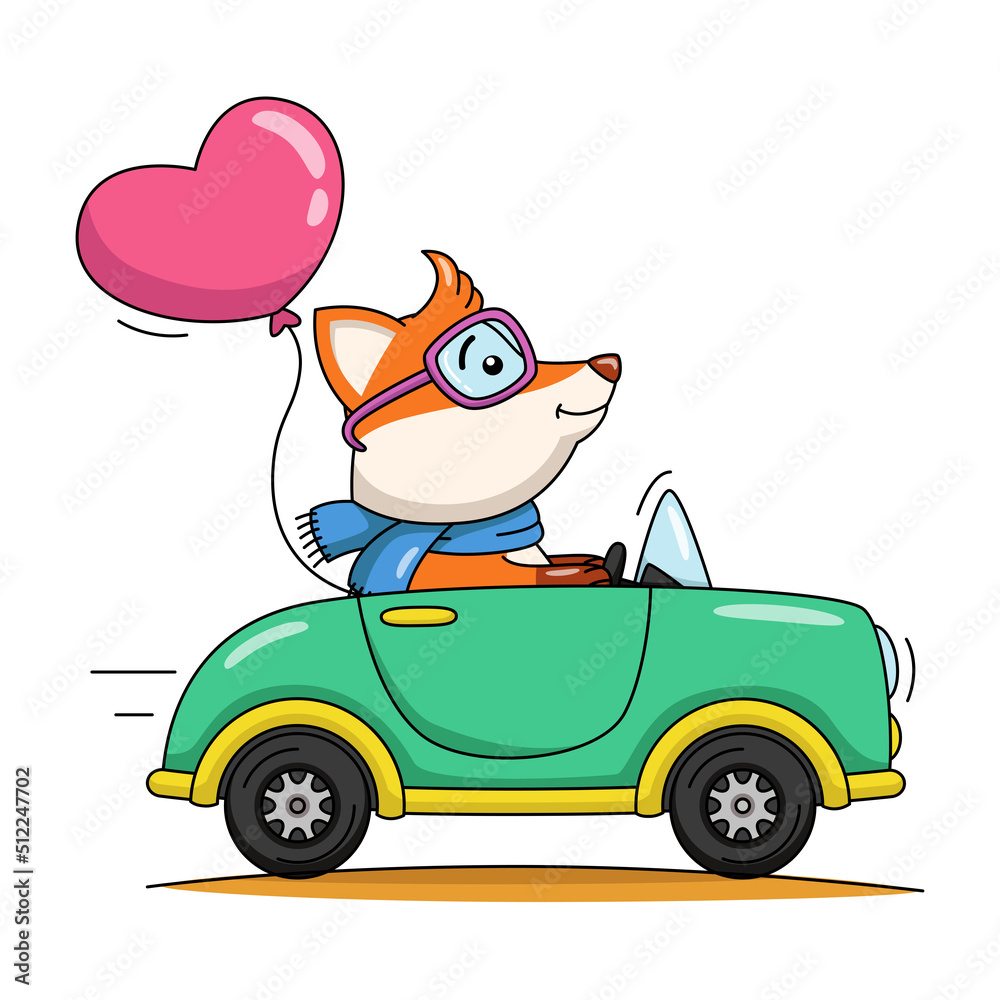 Fototapeta premium Cartoon illustration of a cute fox driving a car