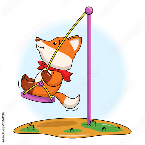 Cartoon illustration of a cute fox playing on a swing