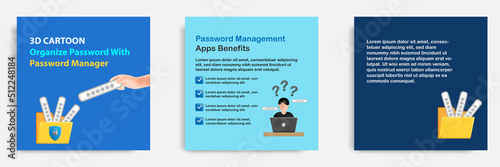 Social media tutorial, tips post banner layout template in 3D cartoon style. Password manager concept. Vector design illustration