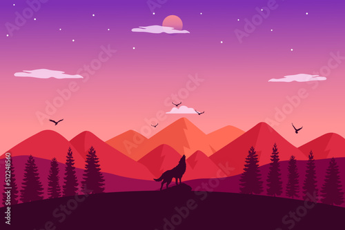 Howling Wolf standing on the hill with panoramic landscape of mountains  forest and beautiful sunset. Vector Illustration