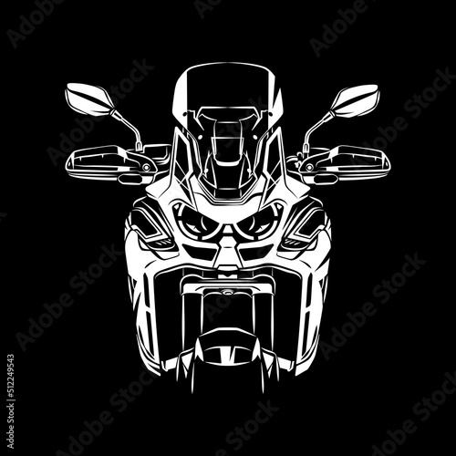 Adventure Sports Motorcycle Touring Silhouette Front View on Black Background. Perfect for print and cut on t-shirt, background, banner, posters, web, etc.