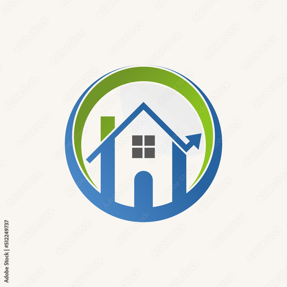 Simple and unique home with arrow trading or chart on cut circle image graphic icon logo design abstract concept vector stock. Can be used as a symbol related to property or development Simple and unique home with arrow trading or chart on cut circle image graphic icon logo design abstract concept vector stock. Can be used as a symbol related to property or development
