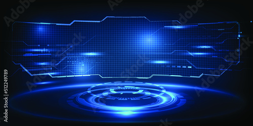 Vector illustrations of virtual digital futuristic glowing neon stage with digital element around and curve empty screen for advertising and game artwork.Future technology and innovation concepts.