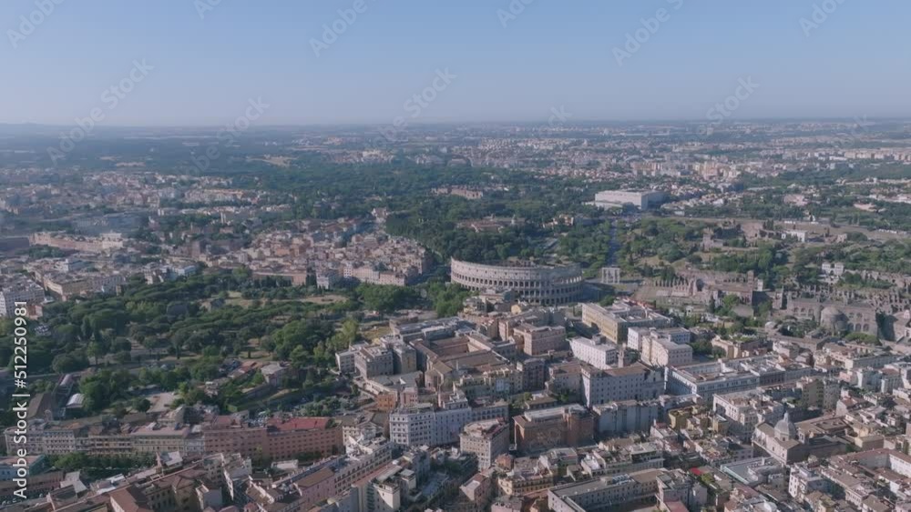 Wide aerial rotating shot of the Colosseum in Rome, Italy. Wide aerial rotating shot of the Colosseum in Rome, Italy.