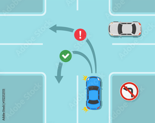 Safe car driving tips and traffic regulation rules. No left turn road sign rule on crossroads. Flat vector illustration template.