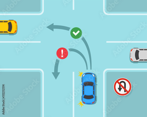 Safe car driving tips and traffic regulation rules. No u-turn road sign rule on crossroads. Flat vector illustration template.