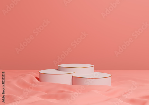 Bright, neon, salmon pink 3D rendering minimal product display three luxury cylinder podiums or stands, on wavy textile product photography background abstract composition with golden lines cosmetic