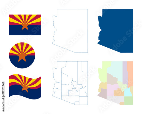 Arizona map. Detailed blue outline and silhouette. Administrative divisions and counties. Flag of Arizona. Set of vector maps. All isolated on white background. Template for design and infographics.