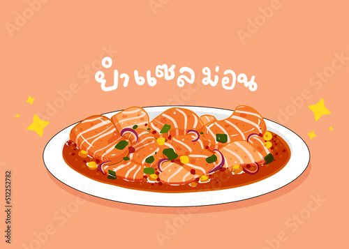 Spicy salmon salad yum seafood healthy Thai street food hand drawn cartoon illustration