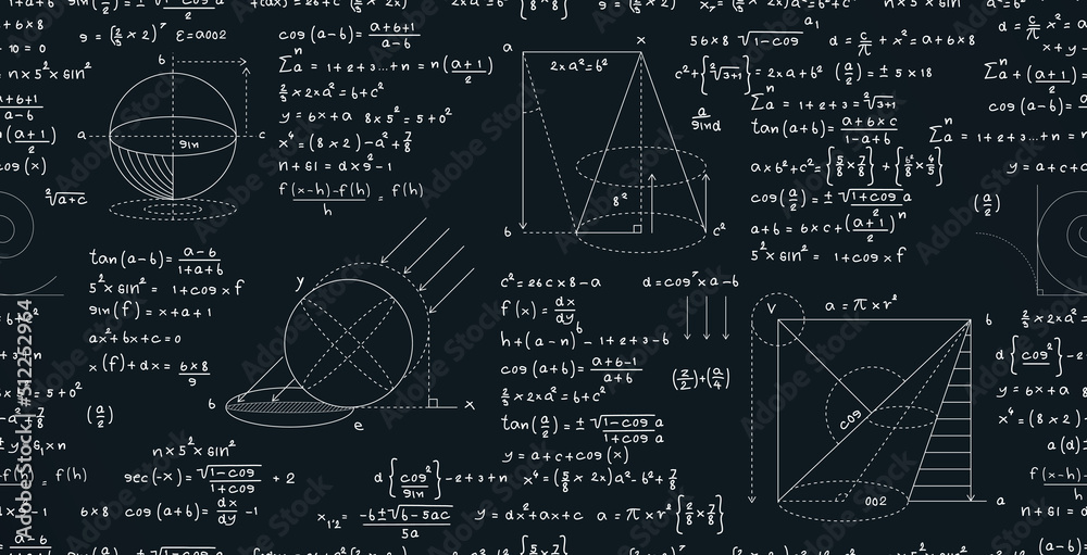 Seamless background vector education with mathematical formula equations on a blackboard. - obrazy, fototapety, plakaty 