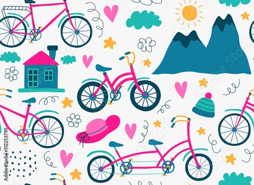 Hipster Doodles Colorful Seamless Pattern with bicycle drawing
