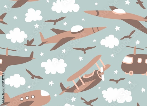  Childish seamless pattern with cute airplanes.