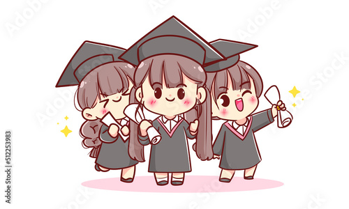 Happy cute kid kawaii children in graduation gown and cap at graduation ceremony hand drawn cartoon character illustration
