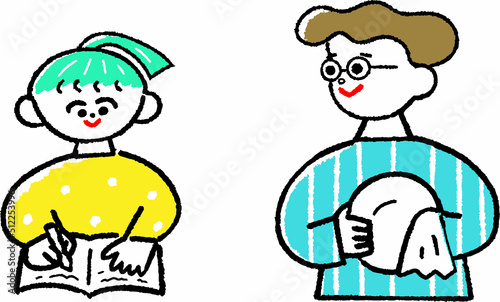 勉強する女の子と家事をする主夫のおしゃれな親子のイラスト