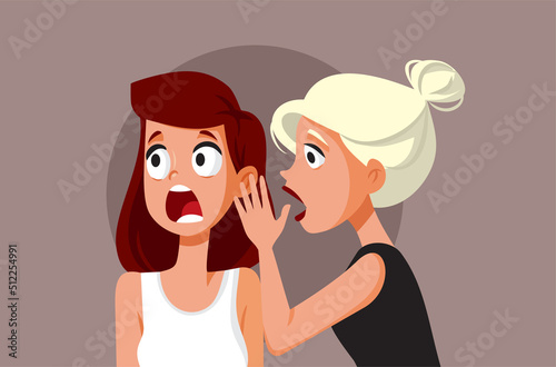 Friends Gossiping Shocking Secrets Vector Cartoon Illustration. Two women talking in secret revealing private information to each other
 photo