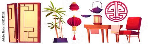 Chinese or japanese restaurant room with furniture for tea ceremony. Vector cartoon illustration of asian traditional red lantern, table, chair, folding screen and tea pot isolated on white background