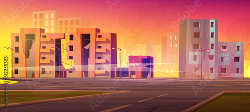 Destroyed city street with broken houses, fire and smoke. Vector cartoon illustration of abandoned demolished buildings on town street after war, nuclear explosion, apocalypse