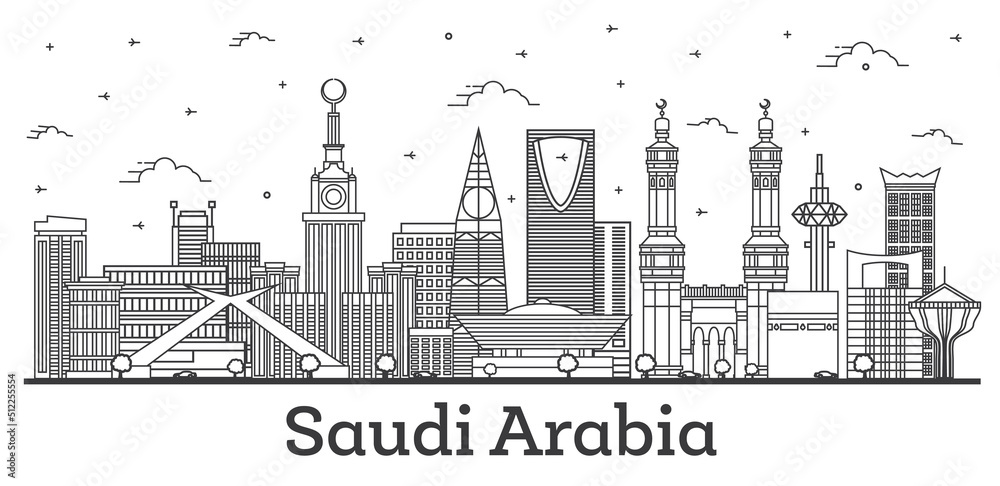 Outline Saudi Arabia City Skyline with Historic and Modern Buildings Isolated on White.