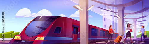 People with luggage on railway station platform. Vector cartoon illustration of summer city landscape with station, speed train on rails and passengers with suitcases