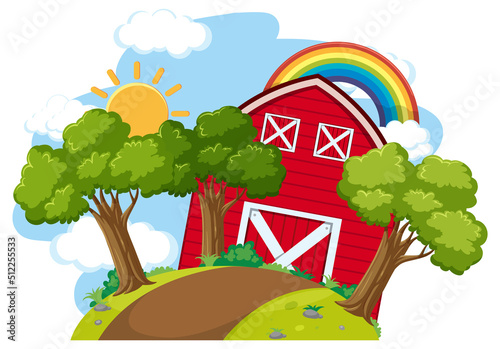 Farm barn with tree and rainbow