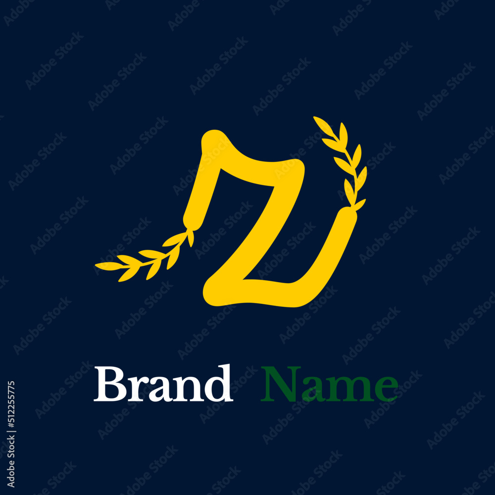 Creative simple logo yellow letter z grow branched leaves on dark blue background