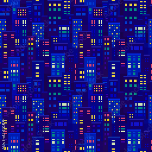 Pixel art city at night. Skyscraper texture seamless tile backdrop