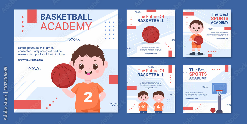 Basketball Academy Kids Social Media Post Template Cartoon Background Vector Illustration
