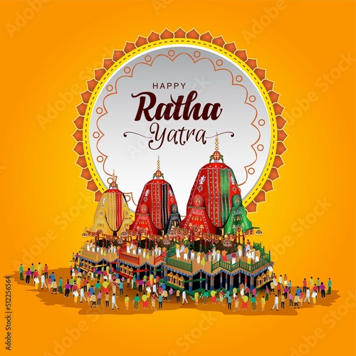 Indian festival Ratha Yatra of Lord Jagannath, Balabhadra and Subhadra on Chariot with people. vector illustration design photo