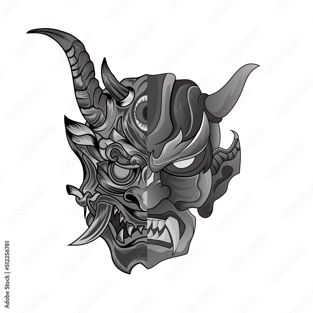 Illustration of an oni mask devil foor tattoos black and white scary  japanese demon mask Stock ベクター | Adobe Stock