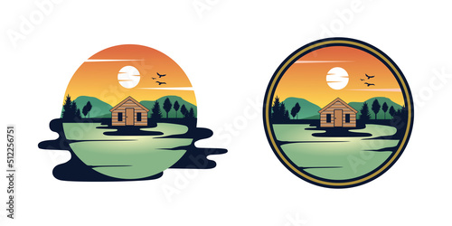 Timber lodge lake design illustration