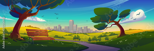 Summer suburban landscape with road, wooden bench and urban skyline. Vector cartoon illustration of green nature scene with hills and trees, blue sky, white clouds and city buildings in horizon