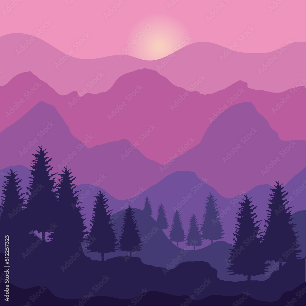 trees and purple landscape