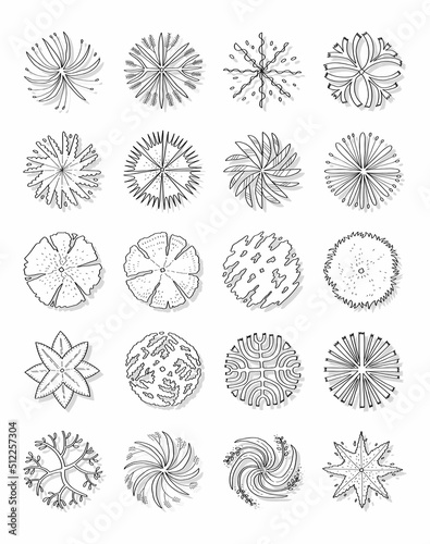 Hand drawn vector illustration set of top view trees isolated on white background.