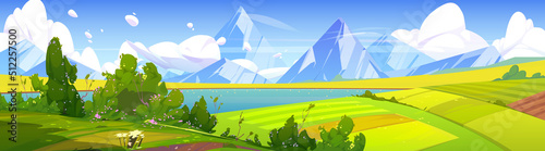 Summer landscape with lake, agriculture fields and mountains. Vector cartoon illustration of nature scene of countryside with green farmlands, river and rocks